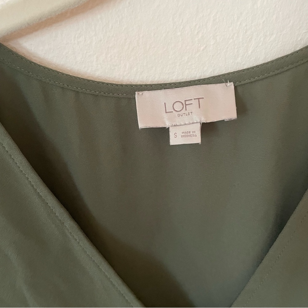 Loft Olive Green Long Sleeve Bell Sleeve Faux Wrap Shirt Small - Picture 2 of 13